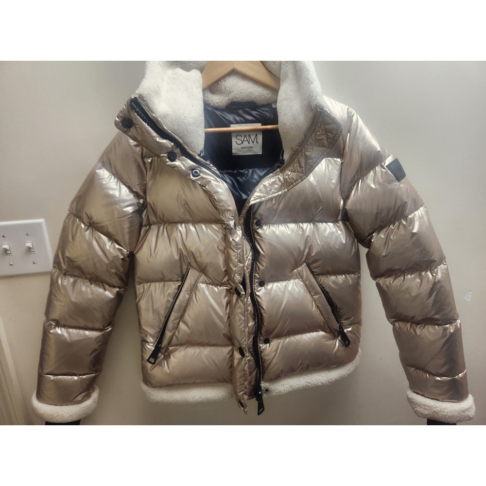 SAM. New York Womens Metallic rose Gold Puffer Jacket Faux Shearling Trim Small